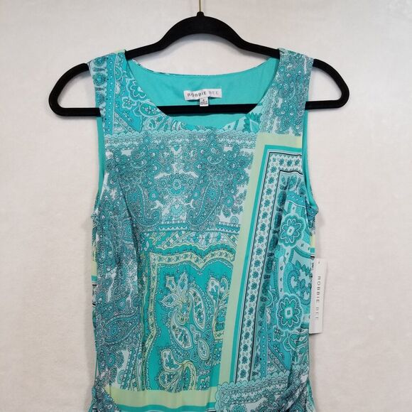 Robbie Bee 6 Turquoise Paisley Ruffle Layered Sleeveless Belted Midi Dress NEW - Picture 3 of 9